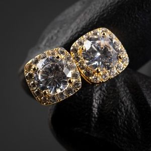 Mens Yellow Gold Sterling Silver Square Halo Hip Hop Stud Screw Back Earrings